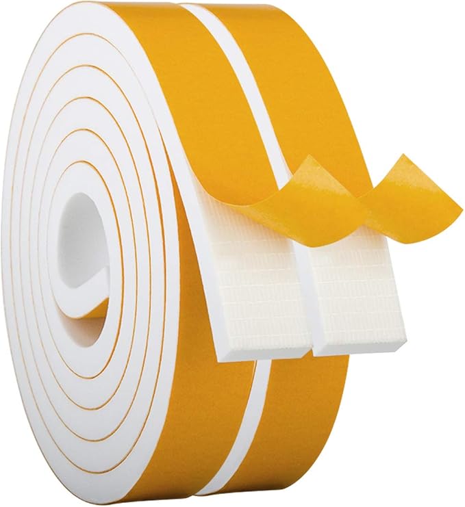 White Weather Stripping Self Adhesive Foam Tape High Density Foam Sealing Strip Window Insulation Weatherproof Gasket Tape for Doors and Windows, 1" Wide X 3/8" Thick, 6.5 Ft X 2 Rolls, Total 13 Feet