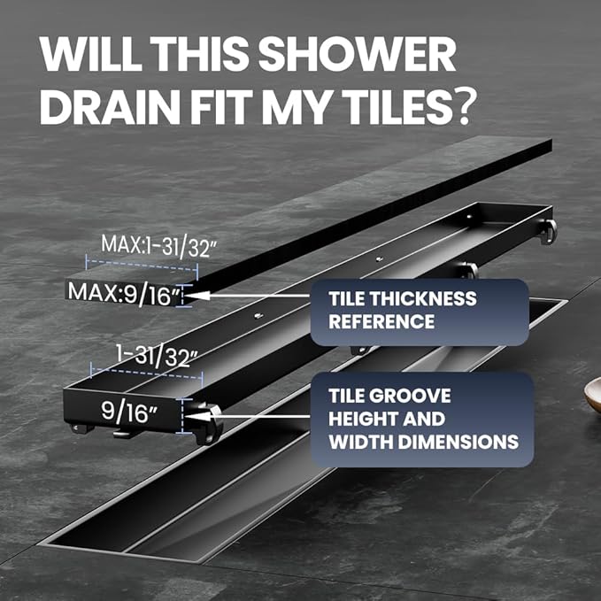 Linear Shower Drain 24 Inch Black, Shower Drain with 2-in-1 Tile Insert Panel, Brushed AISI 304 Stainless Steel Linear Drain for Fast Drainage, Floor Drain for Bathroom, Kitchen, Garage & More
