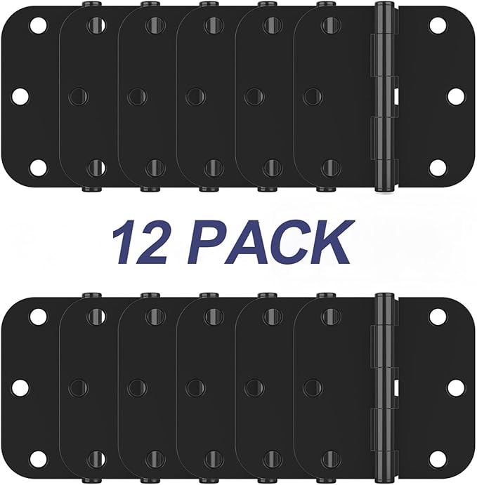 12 Pack Rounded Matte Black Door Hinges, 3.5 x 3.5 Inch Hinges with 5/8" Radius Corners, Durable and No Squeak Hinges, for Home Interior, Exterior Doors and Commercial Use