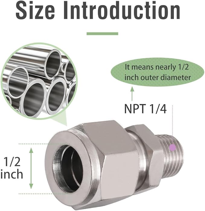 Stainless Steel 304 Compression Fitting to connect 1/2 inch OD tube x 1/4 NPT Male thread Coupler, for brass copper stainless steel tubing
