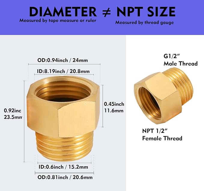 G 1/2 BSP Male to US 1/2 NPT Female Thread Converter Adapter (2-Pack), Solid Brass Pipe Fitting，Water Hose Adapter, British to US Gauge Sensor Sender Adapter BSP NPT Thread Converter