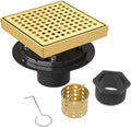 6 Inch Square Shower Drain | Brushed Gold Shower Drain with Flange, Hair Strainer & Removable Grid Cover, AISI 304 Stainless Steel Shower Floor Drain, in Bathroom, Kitchen, Balcony etc