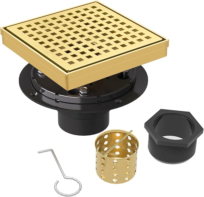 6 Inch Square Shower Drain | Brushed Gold Shower Drain with Flange, Hair Strainer & Removable Grid Cover, AISI 304 Stainless Steel Shower Floor Drain, in Bathroom, Kitchen, Balcony etc