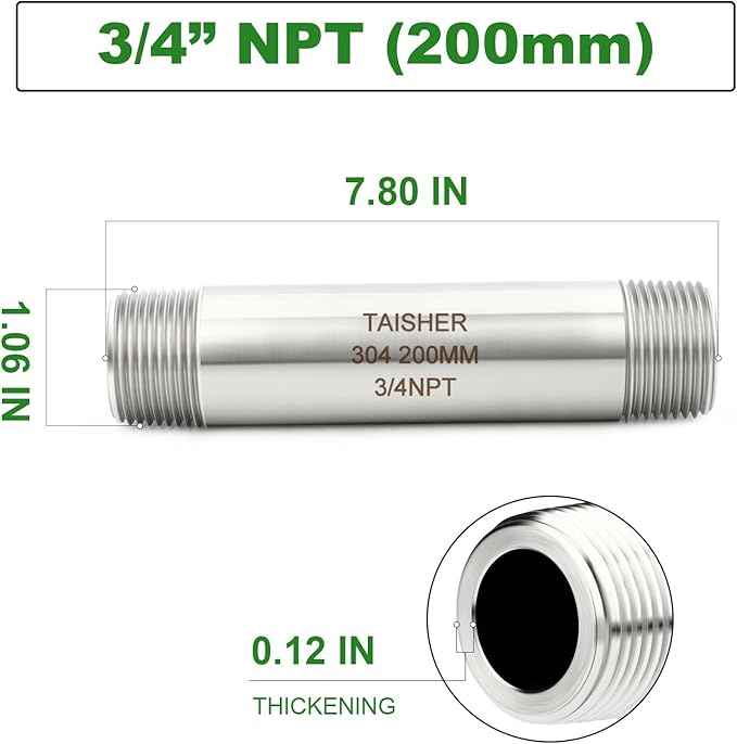 TAISHER 2PCS Stainless Steel Pipe Fittings, 3/4" NPT Male x 3/4" NPT Male Threaded, 8" Length Thickened Nipple Cast Pipe