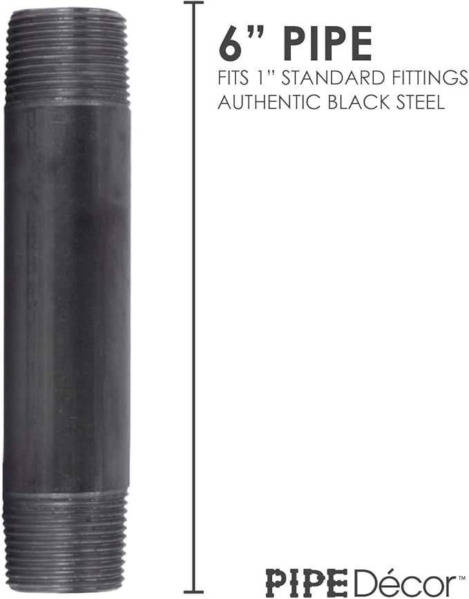 PIPE DECOR 1" x 6" Black Steel Plumbing Pipe, 6-Pack, Pre Cut Connector, Industrial Steel Grey Fits Standard One Inch Threaded Black Malleable Iron Fittings, Build Vintage DIY Furniture
