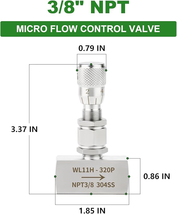 TAISHER 1PCS 304 Stainless Steel Reduce Port 3mm Needle Valve 3/8" NPT Female，Accurate Dials For Micro Flow Control Instrument Gauge Water Gas Oil