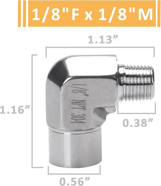 90 Degree Street Elbow - 1/8" NPT Male to 1/8" NPT Female Stainless Steel 304 Heavy Duty Forged Barstock Street Elbow Adapter Pipe Fitting (pack of 5)