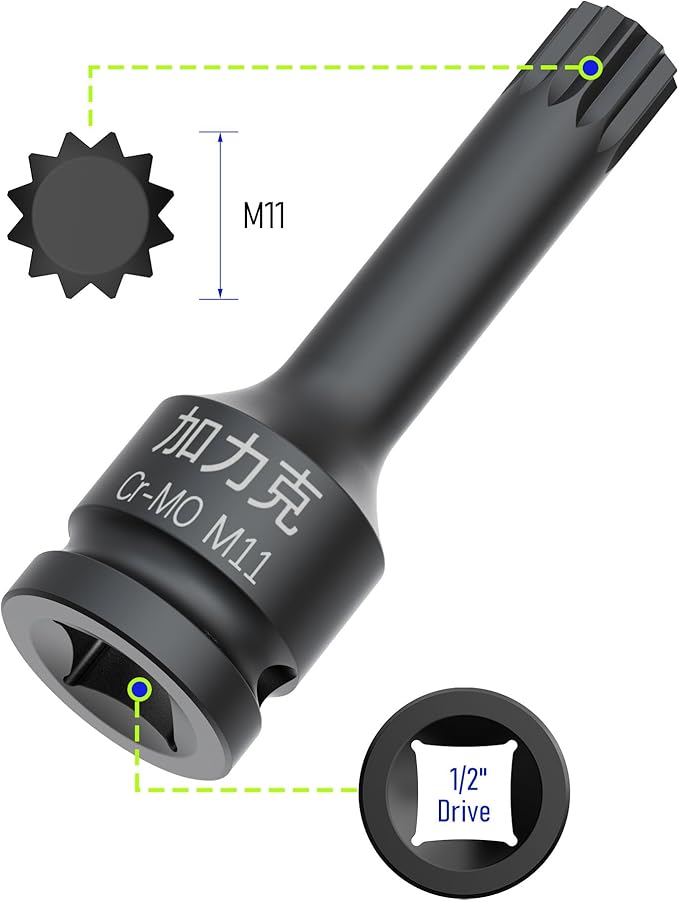 1/2-Inch Drive x M11(11mm） Impact XZN Triple Square Spline Bit Socket, Metric Lengthen Screwdriver Socket Adapter, 3-Inch Length, CR-MO Steel, One-Piece Construction, Black