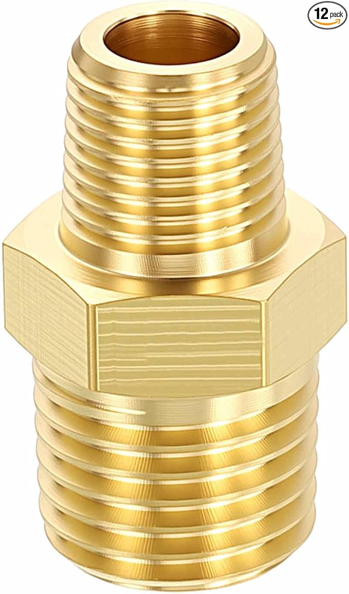 12 Pack Brass Pipe Fittings, 1/4" Male NPT to 1/8" Male NPT Brass Hex Nipple, Male Pipe Adapter Reducer for Air, Oil, LP