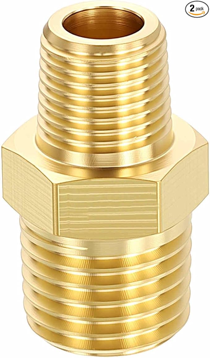 2 Packs Brass Pipe Fittings, 1/4" Male NPT to 1/8" Male NPT Brass Hex Nipple, Male Pipe Adapter Reducer for Air, Oil, LP