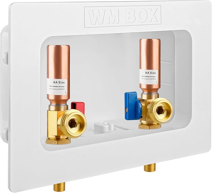 Washing Machine Outlet Box with Center Drain, 1/2" Sweat MIP Inlet x 3/4" MHT Outlet Connection with Hot and Cold 1/4-turn Shut-off Ball Valve and Copper Water Hammer Arrestor