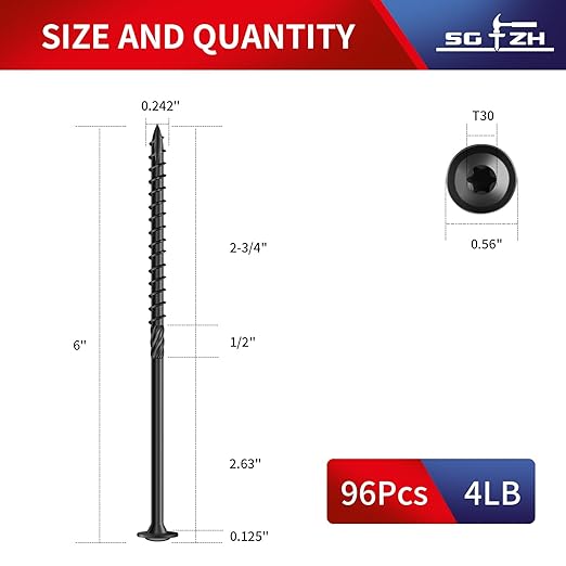 #14 x 6 Inch Lag Screws (96Pcs) 4lb. Structural Wood Screw, Black, Carbon Steel, Washer Head, Rust Resistant epoxy Coated, T30 Star Bit
