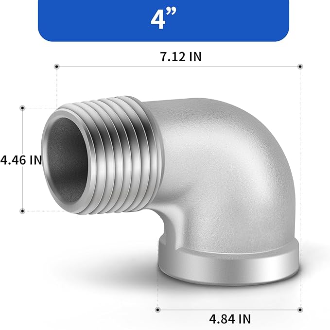 TAISHER 1PCS 304 Stainless Steel 90 Degree elbow,4" NPT Male Pipe to 4" NPT Female 304 Stainless Steel Pipe Fitting