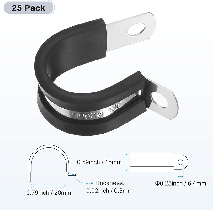 25-Pack Cable Clamps, 25/32 inch/ 20 mm 304 Stainless Steel Rubber Cushioned Insulated Cable Clamp R Shape Metal Holder for Tube/Wire/Pipe/Loop Installation