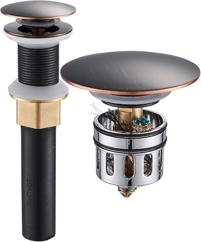 Bathroom Sink Drain, Vessel Sink Pop Up Drain with Detachable Basket Stopper,Anti-Explosion and Anti-Clogging Drain Strainer, Sink Drain Assembly Without Overflow Oil Rubbed Bronze, REGALMIX RWF082C