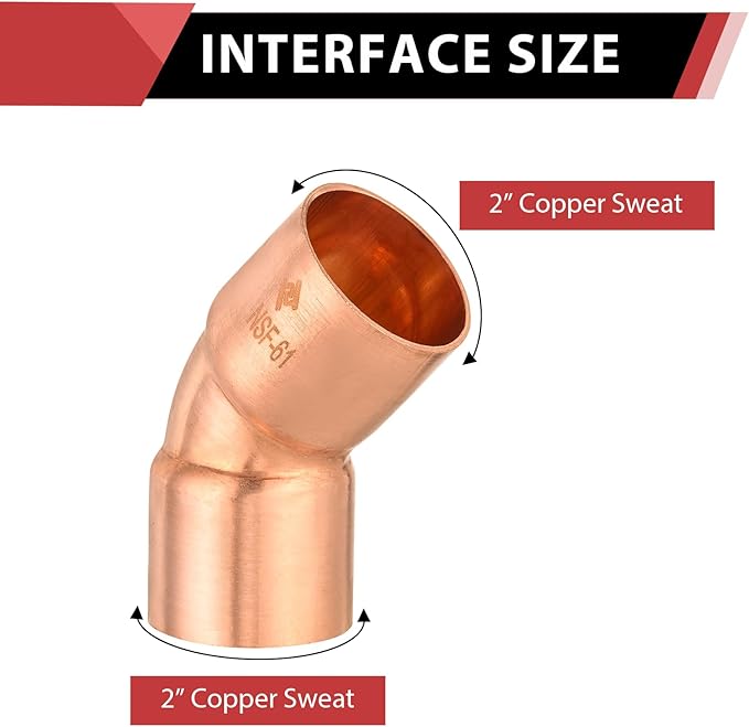 EFIELD 2" C X C Copper 45 Degree Elbow, LF Short Turn Copper Plumbing Fittings with Sweat Solder Connection,NSF Certified,(COPPER074)