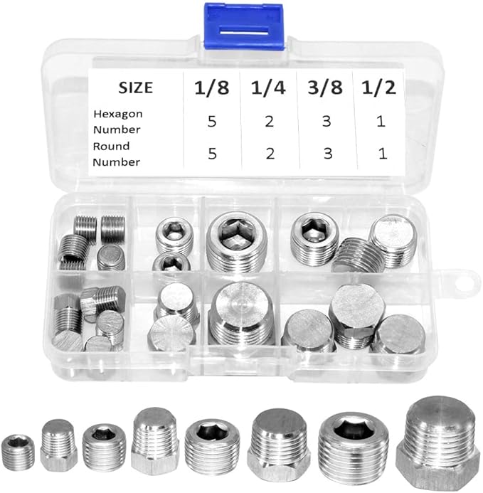 Joywayus Stainless Steel Pipe Plug Inter&Outer Hex Thread Pipe Fitting,1/8" 1/4" 3/8" 1/2" NPT Countersunk Plug Kit 22PCS