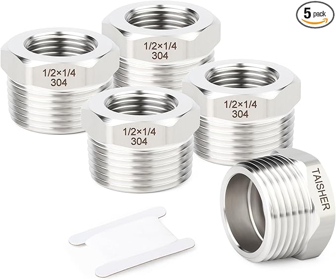 TAISHER 5PCS 304 Stainless Steel New Reducer Hex Bushing, 1/2" NPT Male x 1/4" NPT Female, Reducing Pipe Adapter Fitting