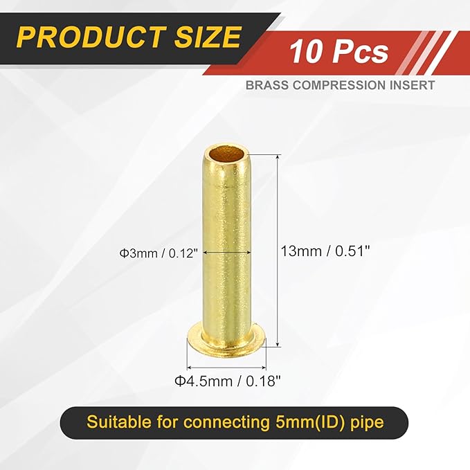 uxcell 10Pcs Fit for 3mm(1/8") Tube ID Brass Compression Fitting, Insert Tube Support Compression Sleeve Fitting, Sleeve Ferrules for Water Oil Air Pipe