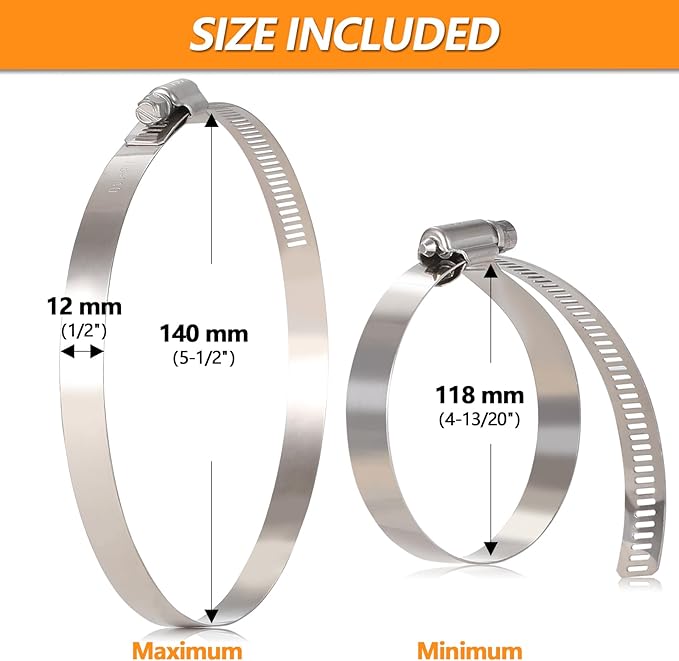 12Pack 5 inch Hose Clamp, Adjustable 304 Stainless Steel Duct Clamps Hose Clamp from 4-13/20"-5-1/2"(118-140mm), Metal Worm Drive Gear Duct Clamp for Air Ducting, Dryer Vent Hose, Fuel Line, Plumbing