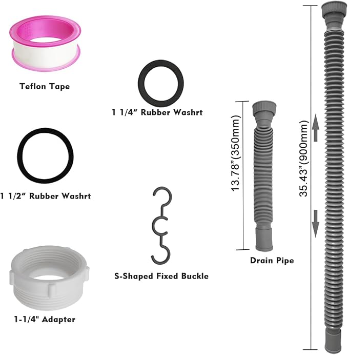 Flexible Expandable Bathroom P Trap, 1 1/4 to 1 1/2 Sink Drain Adapter Included, Wash Basin Rubber Tips Sink Drain Pipe, Universal Extension Tube for Kitchen Bathroom Sink Sewer Drain