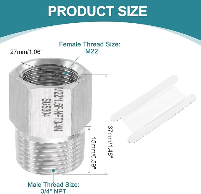 uxcell Pipe Fitting Reducing Adapter, 3/4" NPT Male x M22 Female 304 Stainless Steel Reducer Connector for Water Oil Air Pressure Gauge, Silver