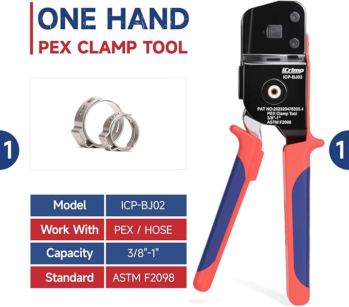 iCrimp KIT-BJ02 PEX Crimping Tool Kit with PEX Clamps, PEX Pipe Cutter, One-Handed PEX Clamp Tool for Cinching 3/8-in, 1/2-in, 3/4-in, 1-in PEX Clamp
