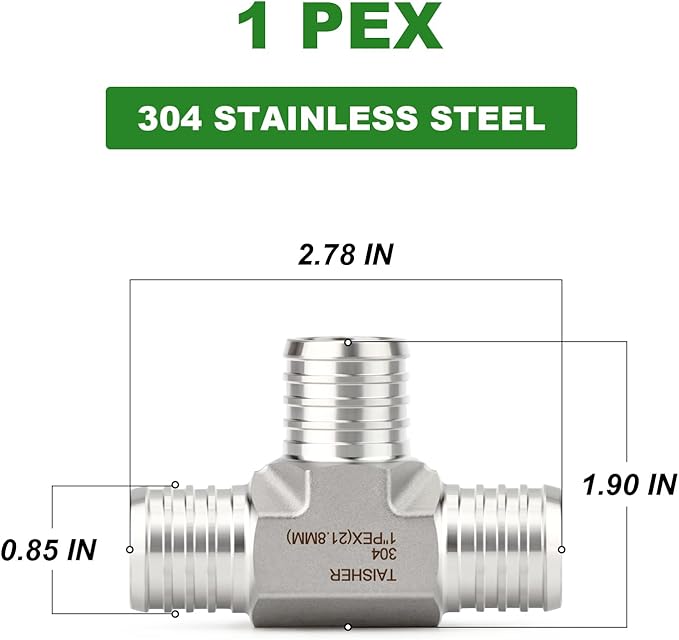 TAISHER 1PCS 304 Stainless Steel Tee Pex Fittings, 1" Pex Fitting With 3PCS Hose Clamp For Pex Tubing Pipe