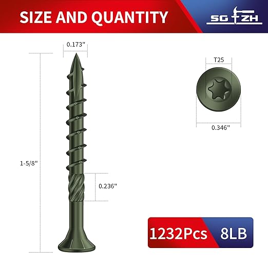 #8 x 1-5/8" Deck Screws (1232Pcs) 8lb. Carbon Steel, Green, Flat Head, Rust Resistant epoxy Coated, with T25 Star Bit