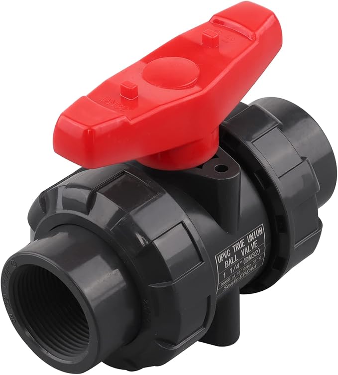 DERNORD PVC True Union Ball Valve NPT Threaded with Full Port, EPDM O-Rings, and Reversible PTFE Seats, Rated at 200 PSI (1.25 Inch NPT Threaded)