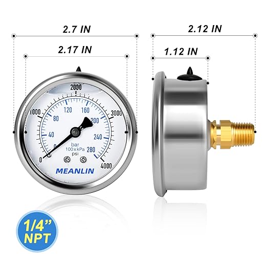 MEANLIN MEASURE 0~4000Psi Stainless Steel 1/4" NPT 2.5" FACE DIAL Liquid Filled Pressure Gauge WOG Water Oil Air Center Back Mount, with 1/4" x 1/2" NPT and 1/4" x 3/8" NPT Hex Bushing