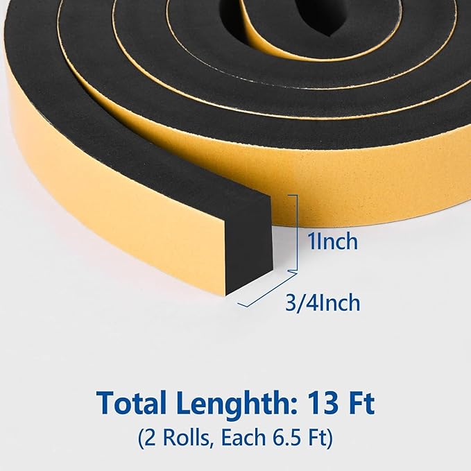 Self Adhesive Foam Tape Weatherstrip 1in x 3/4in x 13Ft High Density Foam Insulation Strips Foam Seal Weather Stripping with Strong Adhesive for Door and Window Sound Isolation Soundproofing
