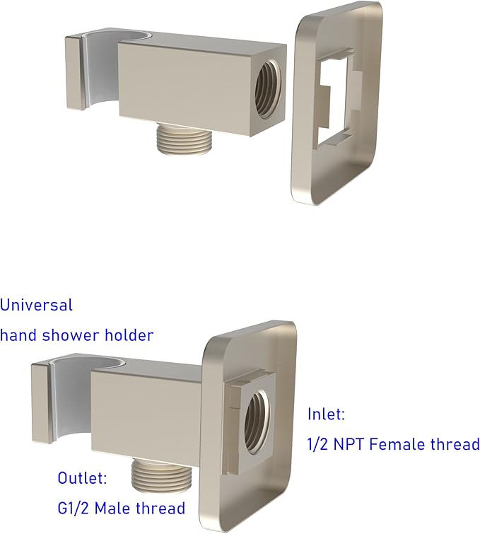 Aquaiaw Wall Supply Elbow with Flange, Tapered 1/2 NPT Female Inlet, Solid Brass Wall Union With Handshower Holder, Square Wall Supply Elbow With Hand Held Shower Head Bracket, Nickel Brushed PVD
