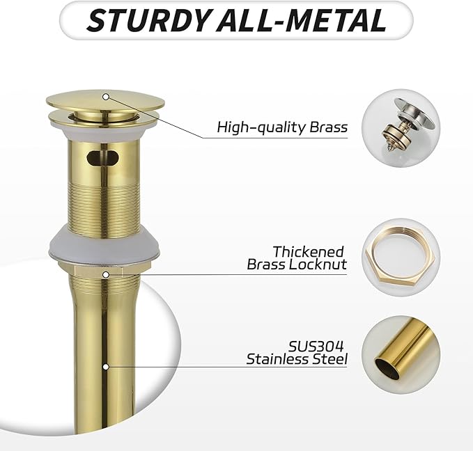 BWE Bathroom One-Piece Pop Up Drain Assembly with Strainer Sink Drain Stopper with Overflow for Bathroom Vessel Vanity Faucet Sink Brushed Gold