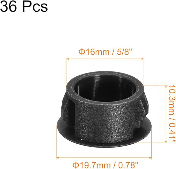 uxcell 16mm(5/8") Plastic Hole Plugs, 36Pcs Flush Type Panel Round Snap in Fastener Knockout Locking Plugs for Furniture Insert End Caps Panels, Black