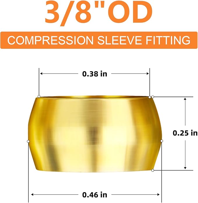GASHER 100PCS Brass Compression Fitting, Brass Compression Sleeve Ferrules 3/8" Tube OD