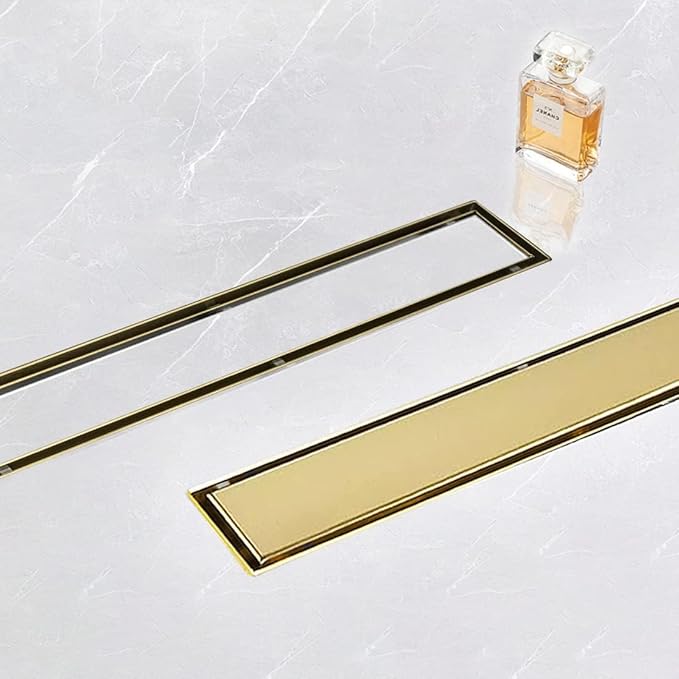 Linear Shower Drain, 40 inch Gold Drain with Tile Insert 2-in-1 Panel, Brushed 304 Stainless Steel Gold Shower Floor Drain, Linear Drain with Hair Strainer and Adjustable Feet