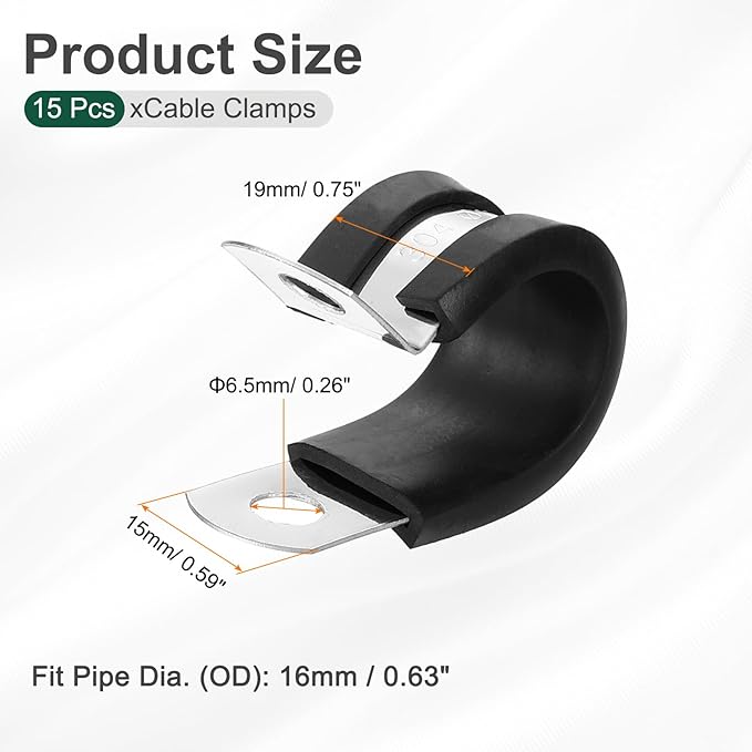uxcell 5/8"(16mm) Cable Clamp, 304 Stainless Steel Rubber Cushioned Insulated R Shape Metal Clamp Tube Holder for Pipe Hose Wire Cord Installation 15Pcs