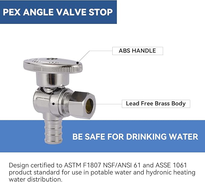 Angle Stop Valve,1/2 Inch Pex X 3/8 Inch OD Compression Angle Shut-off Valve with 1/4 Turn on/off (Pack of 10,ASTM F1807)(VALVE076-10Pack)