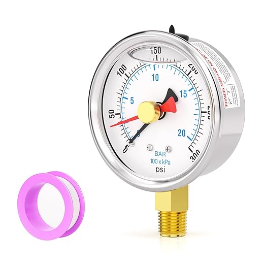 0-300PSI Stainless Steel with Reset Pointer Liquid Filled Pressure Gauge, 2.5" Dial Size, 1/4" NPT Lower Mount, for Tube, Water Pump, Gas, Liquid, Pressure Test