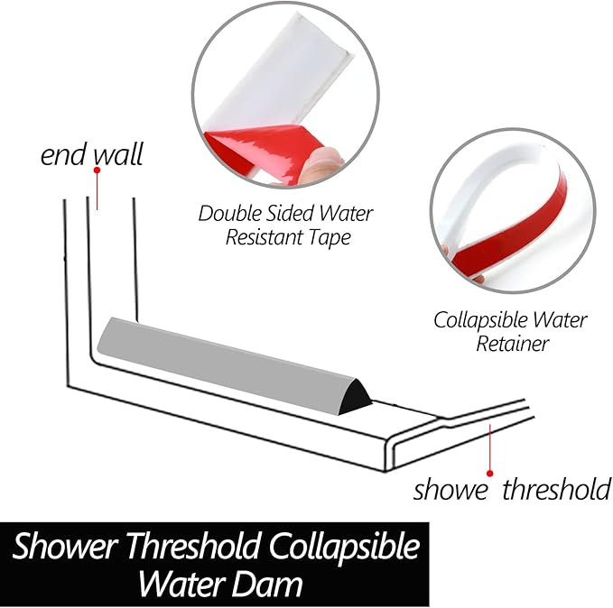 Raycity Collapsible Shower Threshold Water Dam Barrier,Shower Door and Kitchen Water Strip Dam Shower Guard for Dry And Wet Separation Caulk Seal Strip Edge Trim(39Inches/White)