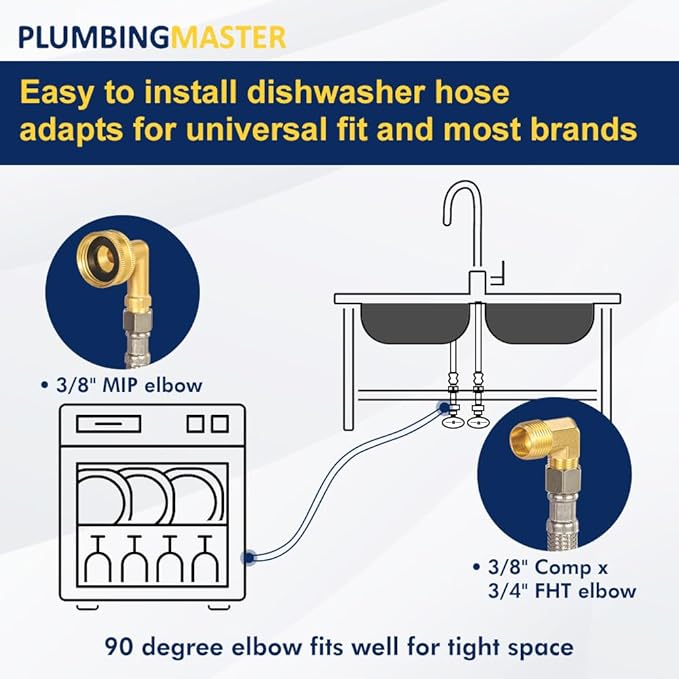 10FT Dishwasher Hose with Elbow – Stainless Steel Braided Supply Line, 3/8" Compression to 3/8" Elbow, Universal Fit, Burst Proof, NSF/Lead-Free Certified, 10-Year Warranty