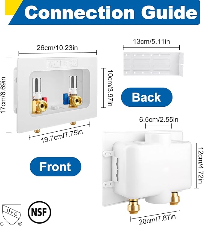 Washing Machine Outlet Box with Center Drain, 1/2" Push-Fit Inlet x 3/4" MHT Outlet Connection with Hot and Cold 1/4-turn Shut-off Ball Valve and Stainless Steel Water Hammer Arrestor