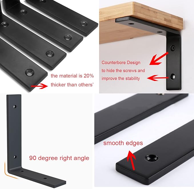 Heavy Duty Shelf Brackets 8 inch Rustic L Black Shelf Brackets 8 x 6 inches Metal Iron Industrial Shelf Bracket - L8 x H 6" x W 1.5" - 4 Pack