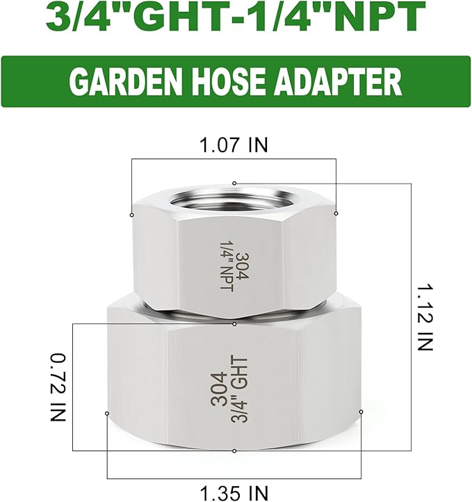 TAISHER 2PCS 304 Stainless Steel Garden Hose Adapter, 3/4" GHT Female x 1/4" NPT Female Garden Hose Connector with Washers