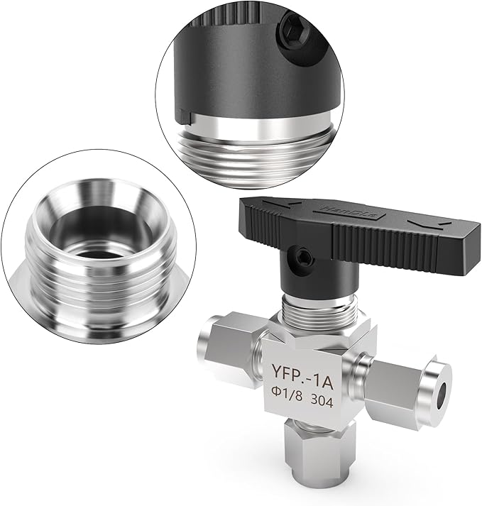 TAISHER 1PCS 304 Stainless Steel 3 Way Compression Tube Valve, 1/8" Tube OD x 1/8" Tube OD x 1/8" Tube OD Adapter