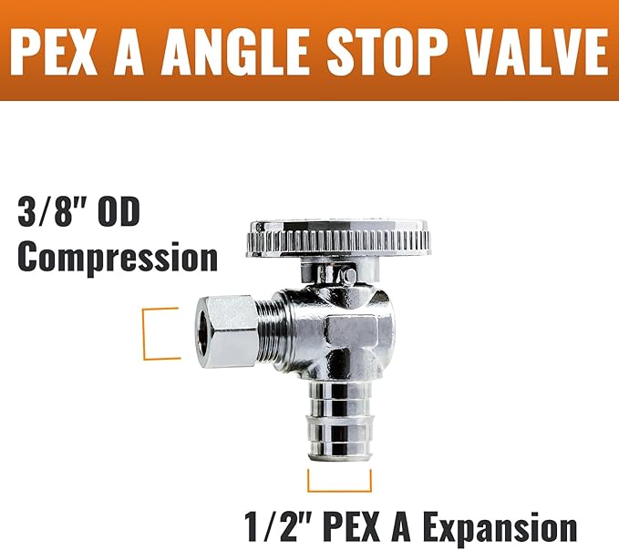 SUNGATOR 6-Pack Pex A Angle Stop Valve, 1/2" Pex A Expansion x 3/8" OD Compression, 1/4 Turn Chrome Plated Brass Shut Off Valve