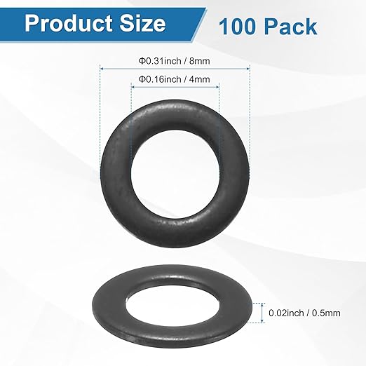 100-Pack M4 Flat Washers, Metric 8mm OD 0.5mm Thick 304 Stainless Steel Washers for Bolts Screws Nuts for Automotive/Machinery/Furniture, Flat Metal Washers [Black Galvanized]