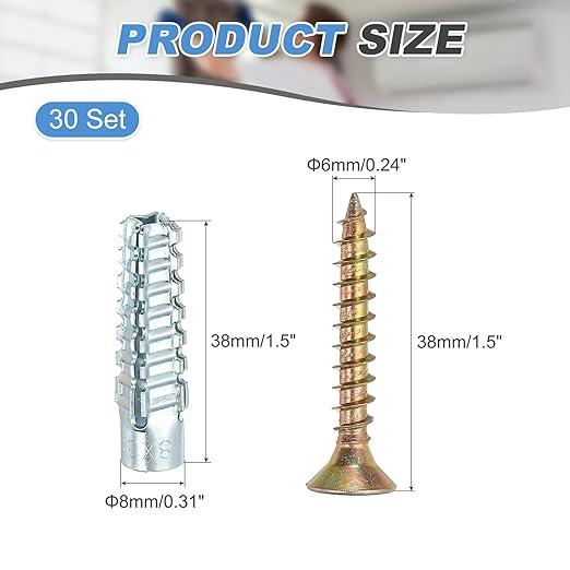 PATIKIL 30 Pcs Drywall Hollow Wall Anchors with Screws 0.24 x 1.5, Steel Dry Wall Anchors Kit for Wooden Concrete Plaster Hinge Hole Repair, Silver (8 x 38mm)