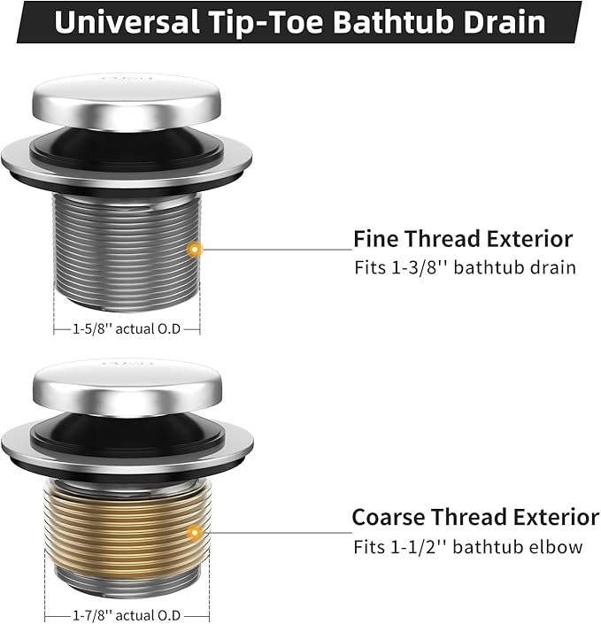 All Metal Tip-Toe Bathtub Drain Kit with Two-Hole Overflow Faceplate and Universal Fine/Coarse Thread Assembly, Bath Tub Drain Kit fits All Bathtub -Chrome Plated